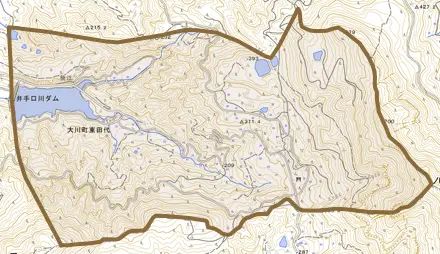 大川町東田代とその周辺の地図。町の範囲を重ねている