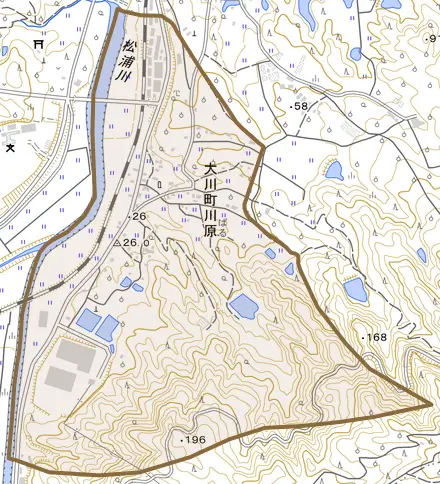 大川町川原とその周辺の地図。町の範囲を重ねている