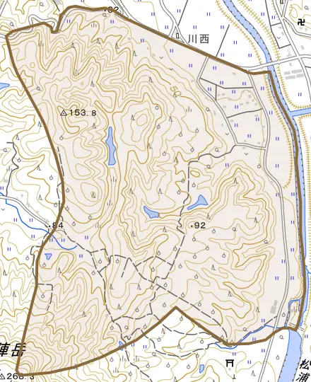 大川町川西とその周辺の地図。町の範囲を重ねている