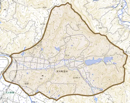 大川町立川とその周辺の地図。町の範囲を重ねている