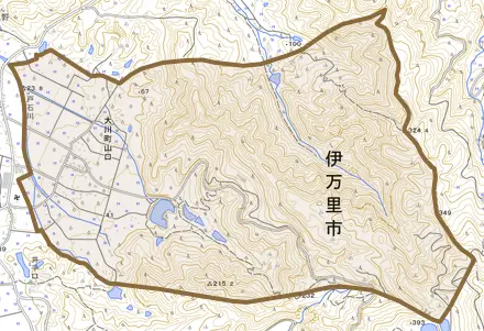 大川町山口とその周辺の地図。町の範囲を重ねている