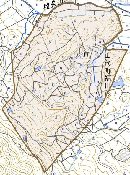 山代町福川内とその周辺の地図。町の範囲を重ねている