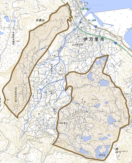 山代町東分とその周辺の地図。町の範囲を重ねている
