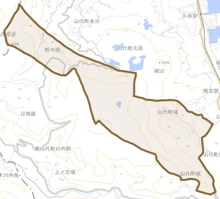 山代町城とその周辺の地図。町の範囲を重ねている