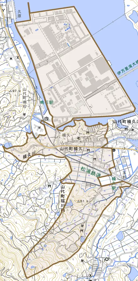 山代町楠久とその周辺の地図。町の範囲を重ねている