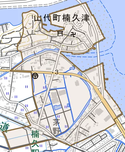 山代町楠久津とその周辺の地図。町の範囲を重ねている