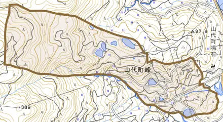 山代町峰とその周辺の地図。町の範囲を重ねている
