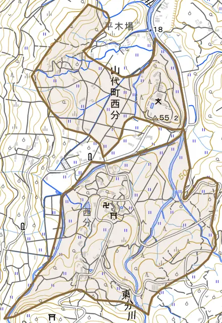 山代町西分とその周辺の地図。町の範囲を重ねている
