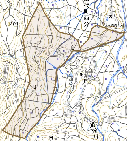 山代町西大久保とその周辺の地図。町の範囲を重ねている