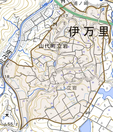 山代町立岩とその周辺の地図。町の範囲を重ねている