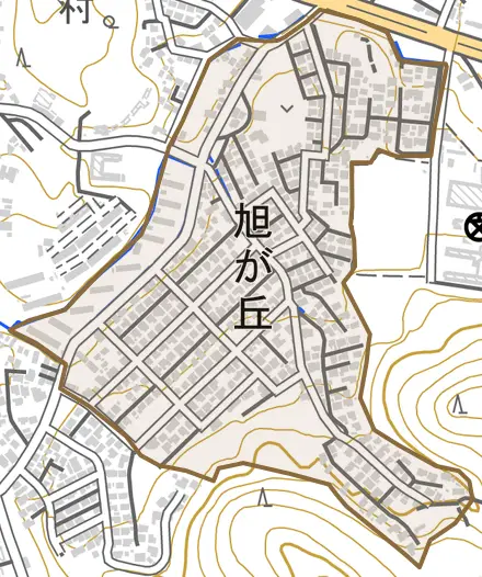旭が丘とその周辺の地図。町の範囲を重ねている