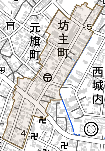 坊主町とその周辺の地図。町の範囲を重ねている