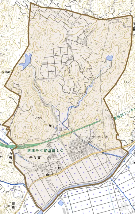 千々賀とその周辺の地図。町の範囲を重ねている