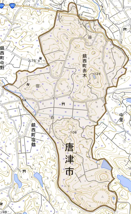 鎮西町赤木とその周辺の地図。町の範囲を重ねている