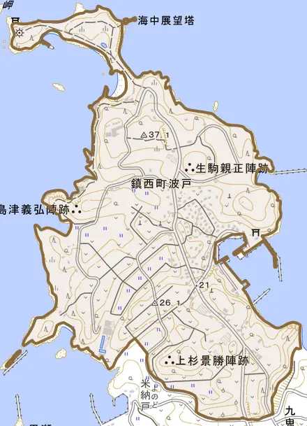 鎮西町波戸とその周辺の地図。町の範囲を重ねている
