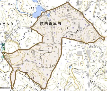 鎮西町早田とその周辺の地図。町の範囲を重ねている