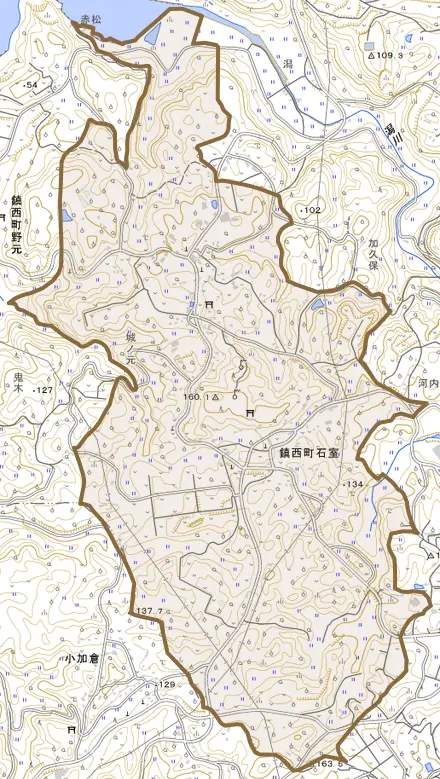 鎮西町石室とその周辺の地図。町の範囲を重ねている