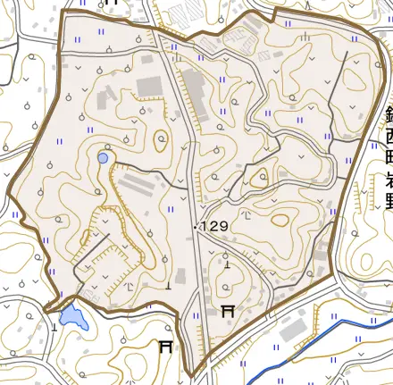 鎮西町岩野とその周辺の地図。町の範囲を重ねている