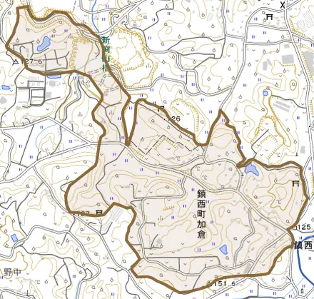 鎮西町加倉とその周辺の地図。町の範囲を重ねている
