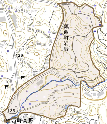 鎮西町高野とその周辺の地図。町の範囲を重ねている