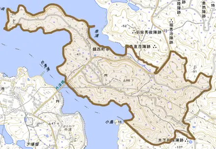 鎮西町串とその周辺の地図。町の範囲を重ねている