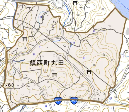 鎮西町丸田とその周辺の地図。町の範囲を重ねている