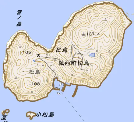 鎮西町松島とその周辺の地図。町の範囲を重ねている