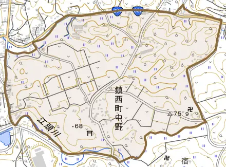 鎮西町中野とその周辺の地図。町の範囲を重ねている