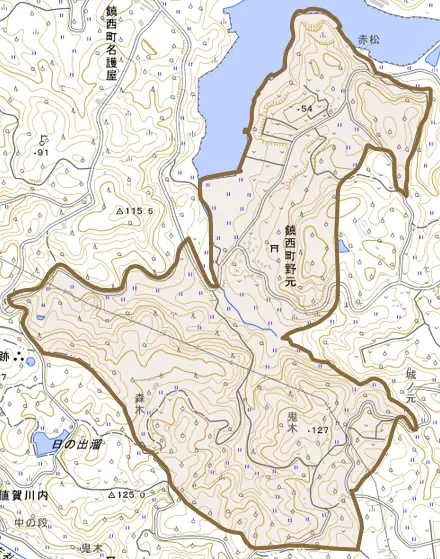 鎮西町野元とその周辺の地図。町の範囲を重ねている