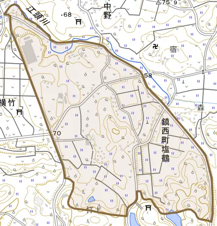 鎮西町塩鶴とその周辺の地図。町の範囲を重ねている