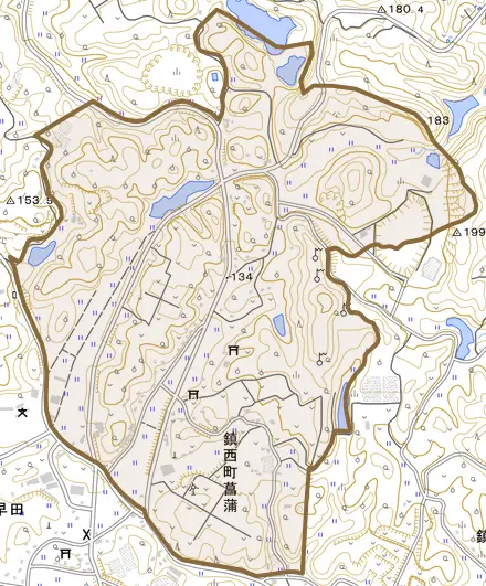 鎮西町菖蒲とその周辺の地図。町の範囲を重ねている