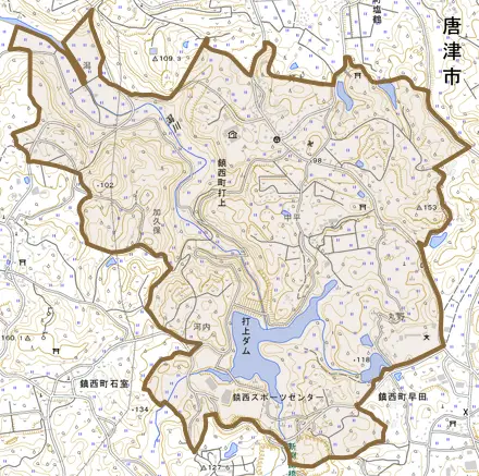 鎮西町打上とその周辺の地図。町の範囲を重ねている