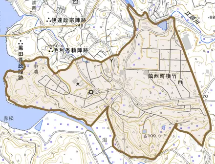 鎮西町横竹とその周辺の地図。町の範囲を重ねている