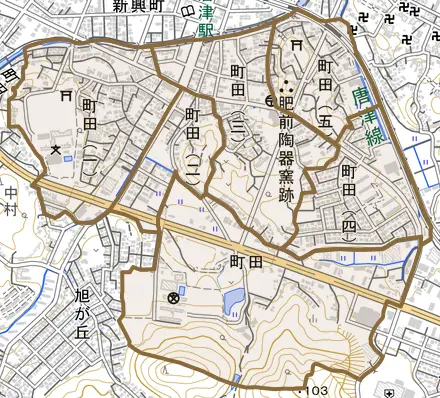 町田とその周辺の地図。町の範囲を重ねている
