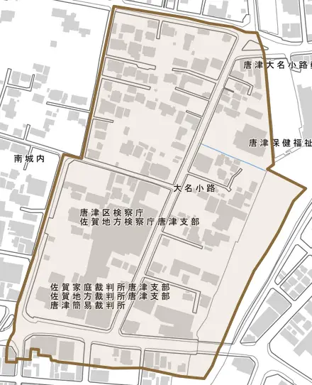 大名小路とその周辺の地図。町の範囲を重ねている
