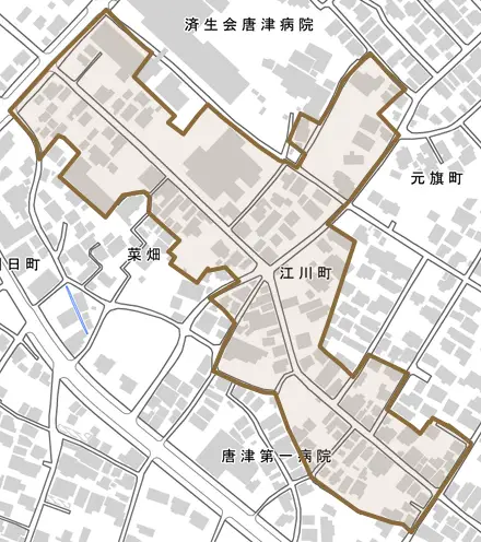 江川町とその周辺の地図。町の範囲を重ねている