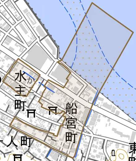 船宮町とその周辺の地図。町の範囲を重ねている