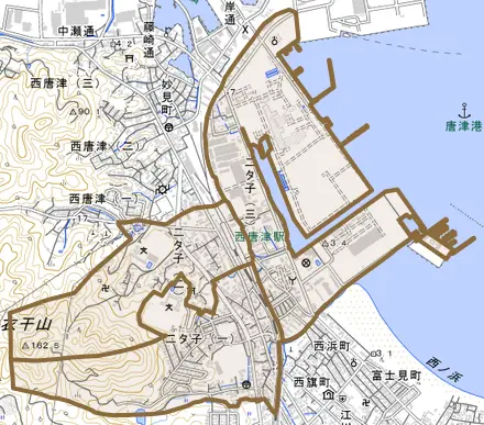 二タ子とその周辺の地図。町の範囲を重ねている