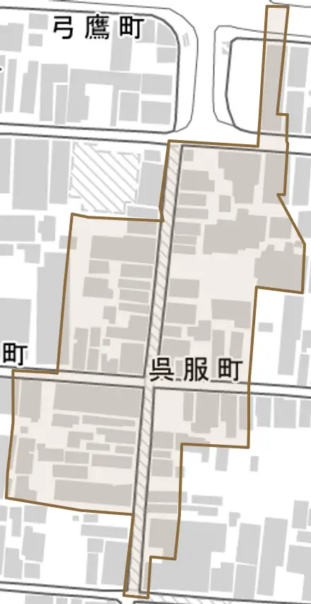 呉服町とその周辺の地図。町の範囲を重ねている