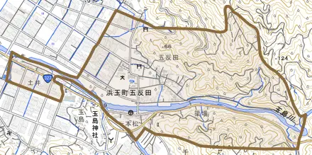 浜玉町五反田とその周辺の地図。町の範囲を重ねている