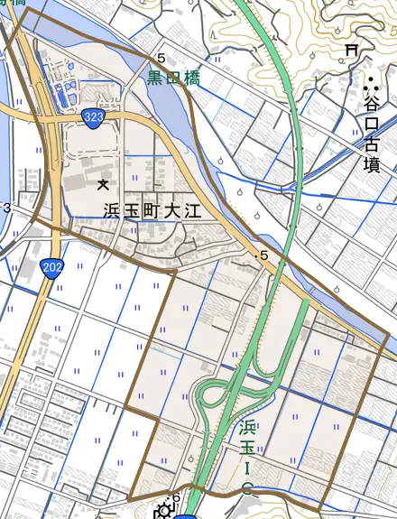 浜玉町大江とその周辺の地図。町の範囲を重ねている