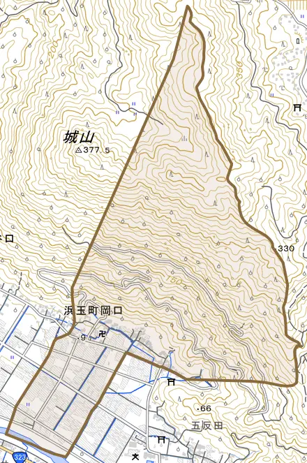 浜玉町岡口とその周辺の地図。町の範囲を重ねている