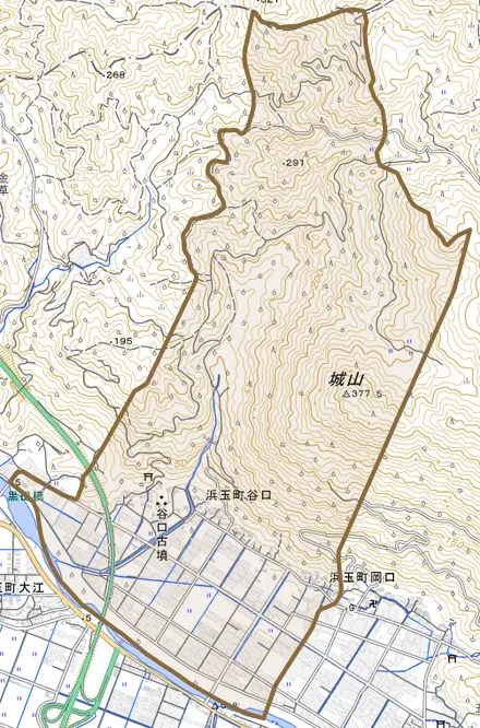 浜玉町谷口とその周辺の地図。町の範囲を重ねている
