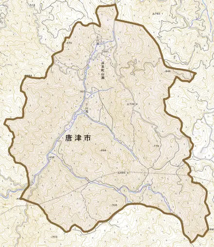 浜玉町山瀬とその周辺の地図。町の範囲を重ねている
