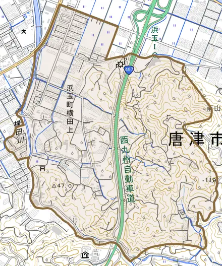 浜玉町横田上とその周辺の地図。町の範囲を重ねている