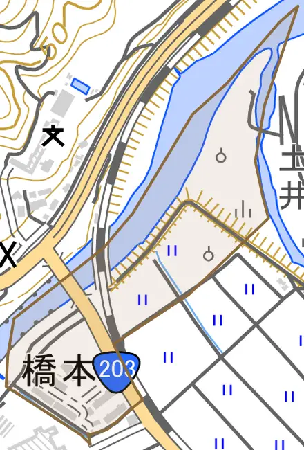 橋本とその周辺の地図。町の範囲を重ねている