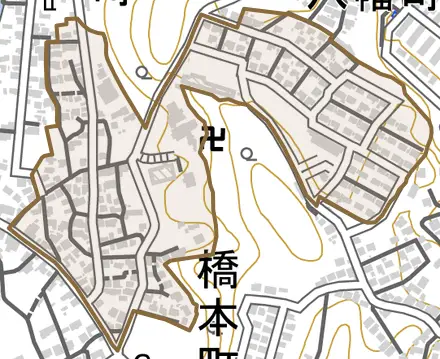 橋本町とその周辺の地図。町の範囲を重ねている