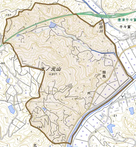 畑島とその周辺の地図。町の範囲を重ねている