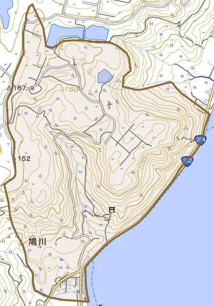 鳩川とその周辺の地図。町の範囲を重ねている