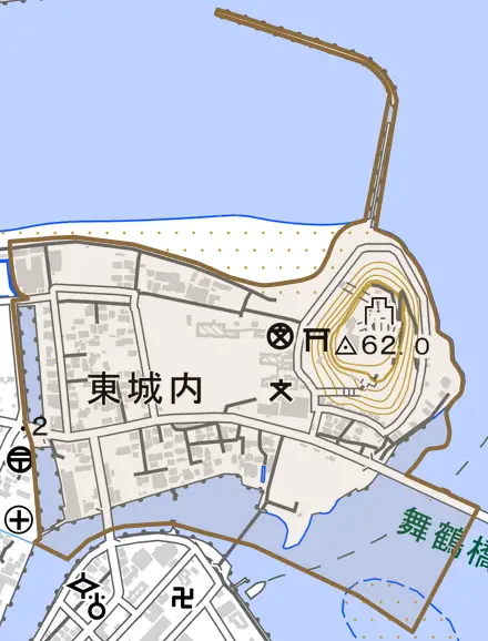 東城内とその周辺の地図。町の範囲を重ねている